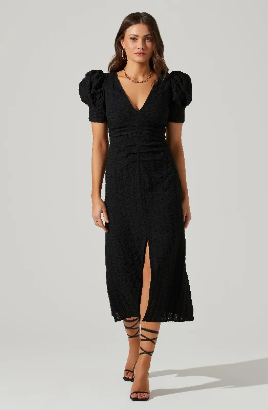 Puff Sleeve V Front Midi Dress Comfortable Ribbed Midi Dress