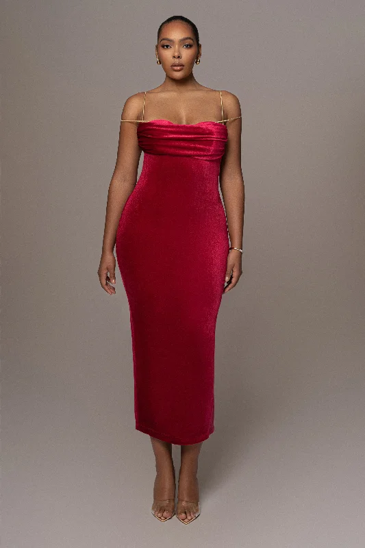 Red JOSANNA VELVET MIDI DRESS Stylish Cold Shoulder Midi Dress