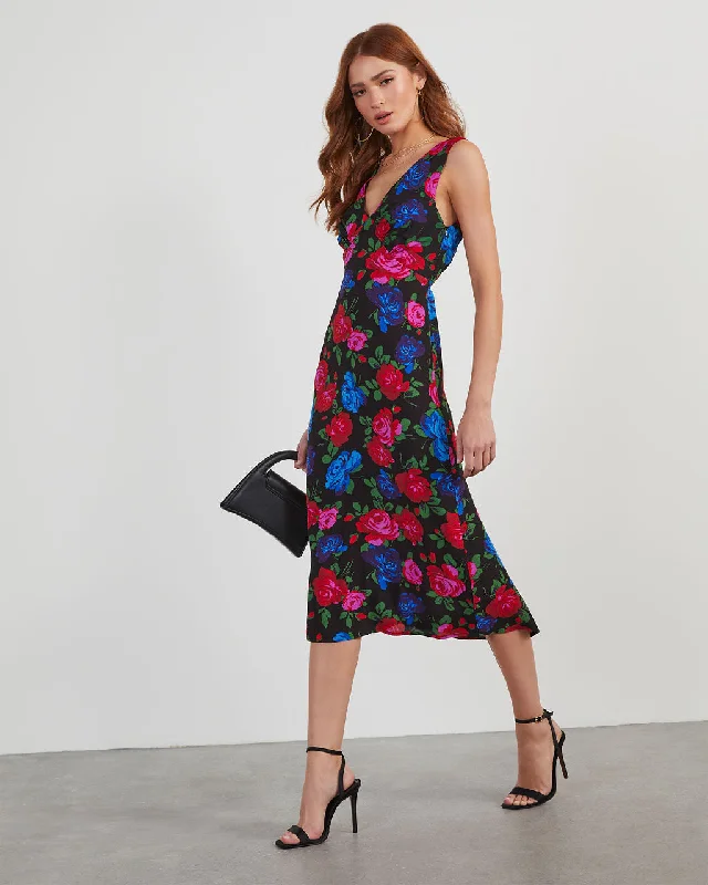 Robbie Satin Floral Midi Dress Comfortable Knitwear Midi Dress