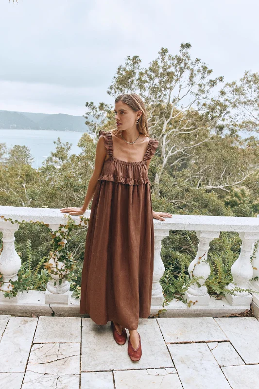 Rossana Linen Maxi Dress Chocolate Fashionable Printed Maxi Dress