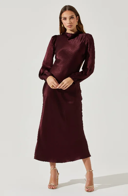 Samara Satin Cutout Long Sleeve Midi Dress Fashionable Pleated Midi Dress