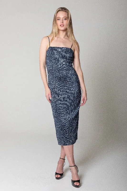 Sequin Midi Dress - Navy Black Elegant Faux Wrap Midi Dress