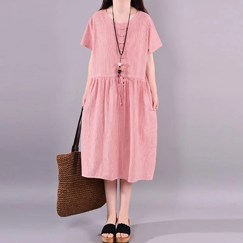 Simple cotton tunic top Fine Frog Button Solid Color Women Casual Midi Dress Cozy Ribbed Knit Midi Dress