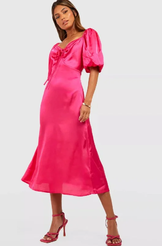 Tiffany Pink Satin Midi Dress Fashionable Skater Midi Dress