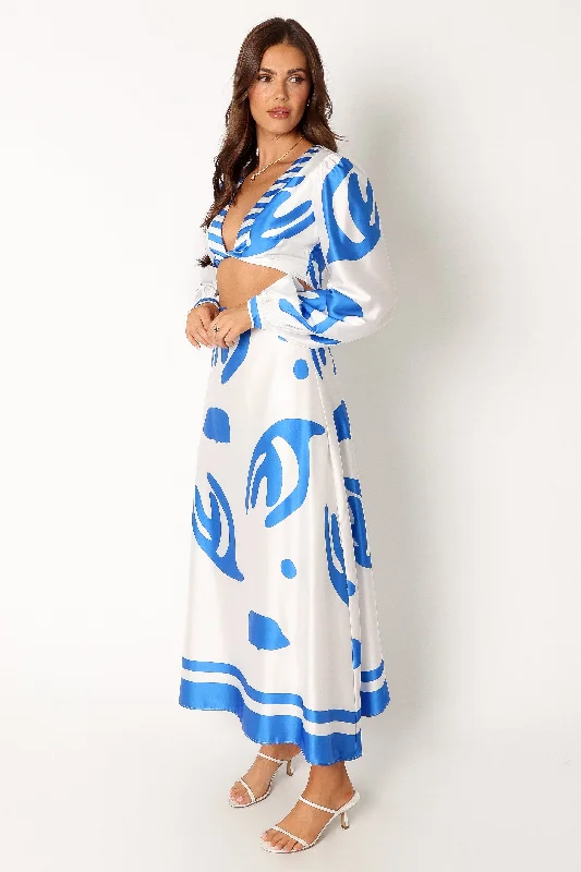 Triton Long Sleeve Midi Dress - White Blue Elegant Floral Midi Dress