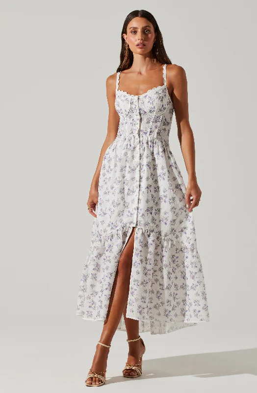 Yamila Floral Midi Dress Elegant Lace Trim Midi Dress