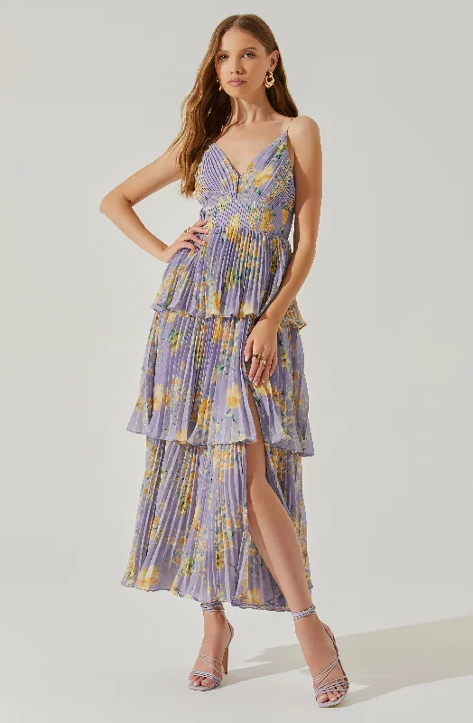 Zaida Floral Tiered Pleated Midi Dress Stylish High-Waisted Midi Dress