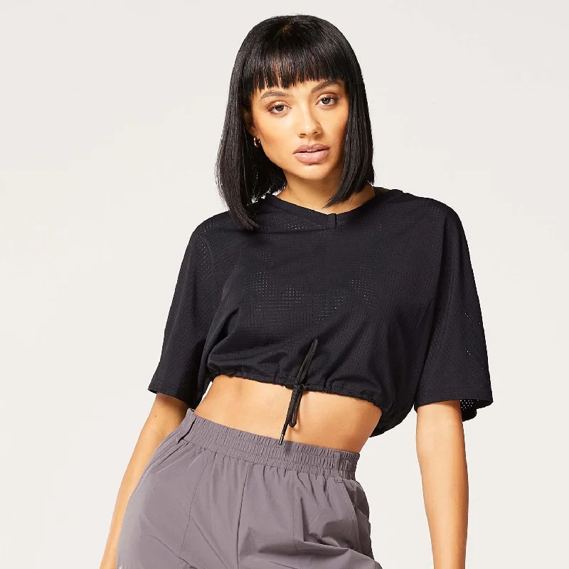 Code Cropped Drawstring Tee - Black Mesh Blend Leather Blend Suede Blend