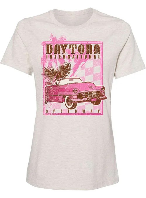 Ladies Daytona Retro Car T-Shirt Polka Dot Checkered Tartan