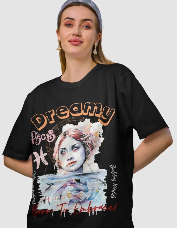 Dreamy Pisces Graphic Printed Oversized T-Shirt For Women Welt Pockets Slit Pockets Flap Pockets