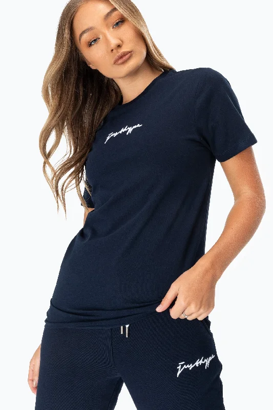 HYPE NAVY SCRIBBLE LOGO WOMEN'S T-SHIRT Chenille Fabric Brocade Fabric Lace Fabric