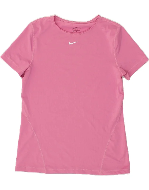 NIKE Womens Dri Fit T-Shirt Top UK 12 Medium Pink Front Pockets Side Pockets Patch Pockets