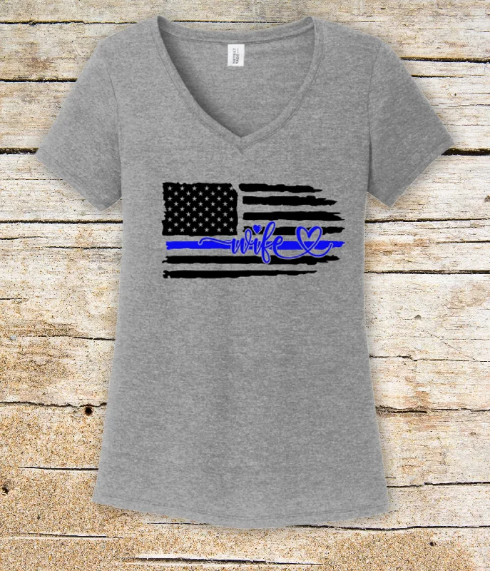 Thin Blue Line Wife Police Super Soft Ring Spun 100% Cotton Midweight Ladies  VNeck T-Shirt TShirt Cozy Warm Stylish