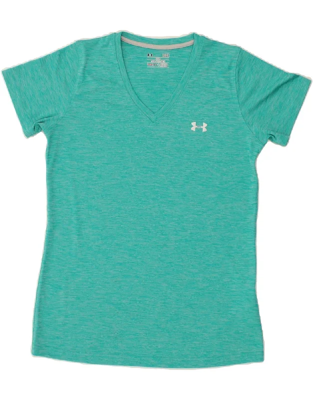 UNDER ARMOUR Womens Heat Gear T-Shirt Top UK 14 Large Turquoise Flecked Hooded Caped Shawl Collar