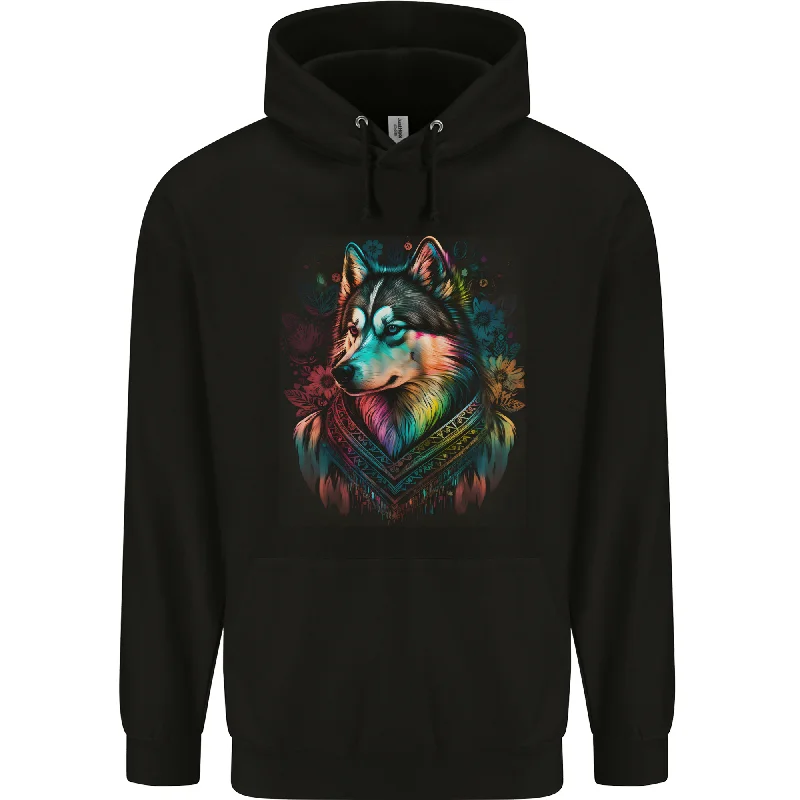 A Tribal Husky Dog Mens 80% Cotton Hoodie Hoodie with Belted Waist Structured Tailored