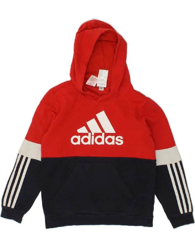 ADIDAS Boys Graphic Hoodie Jumper 11-12 Years Navy Blue Colourblock Cotton Hoodie with Metallic Shiny Futuristic