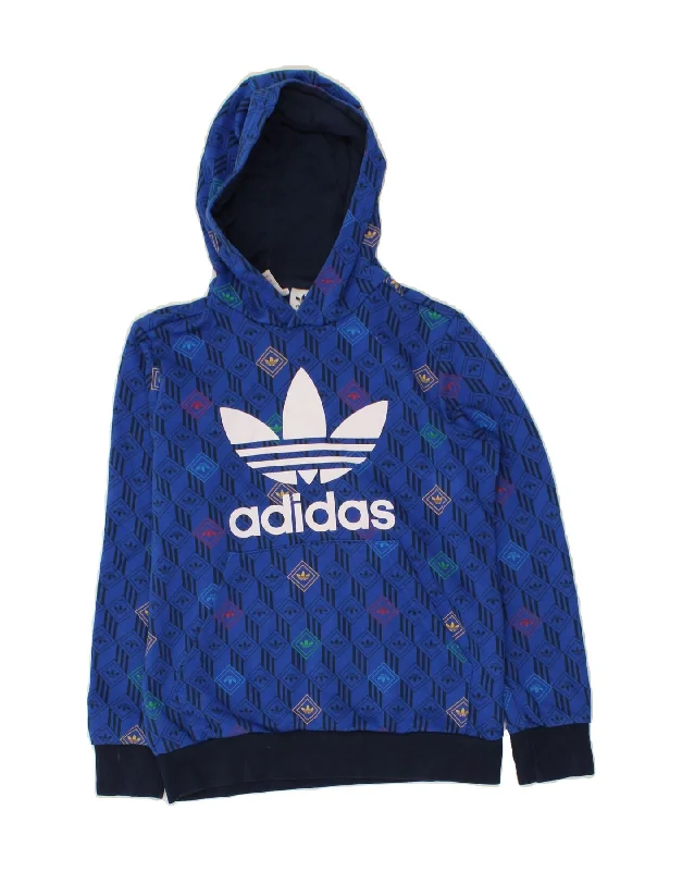 ADIDAS Boys Graphic Hoodie Jumper 12-13 Years Blue Colourblock Cotton Hoodie with Distressed Vintage Worn