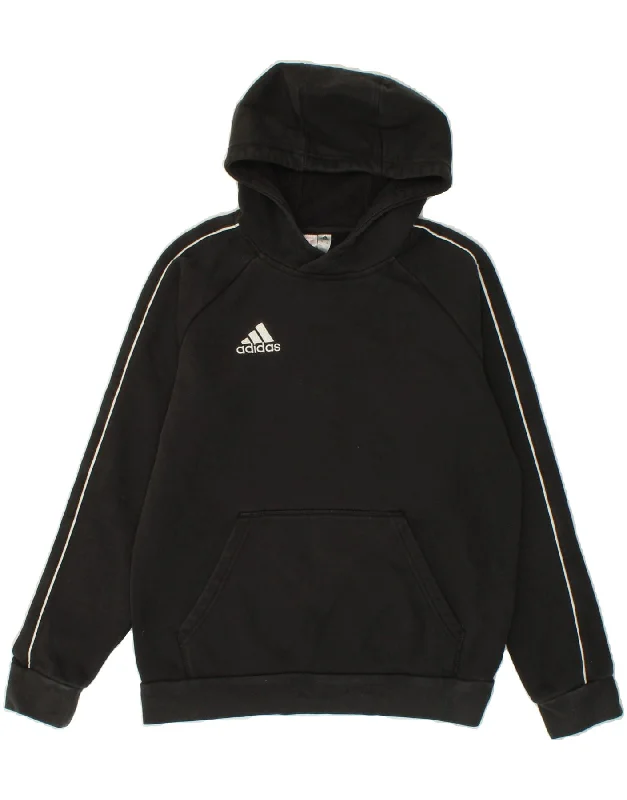 ADIDAS Boys Hoodie Jumper 13-14 Years Black Cotton Hoodie with Hem Patch Decorative Personalized