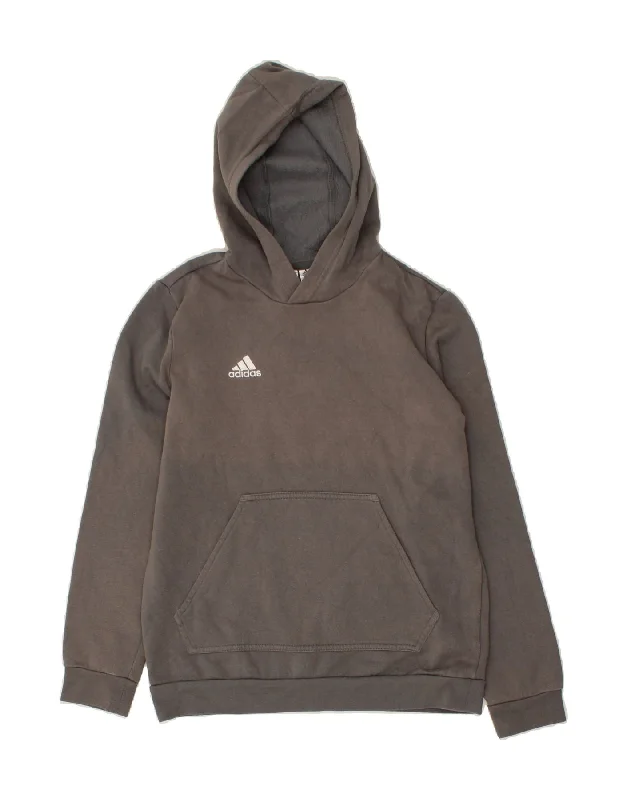 ADIDAS Boys Hoodie Jumper 13-14 Years Grey Cotton Hoodie with Emblem Brand Identity