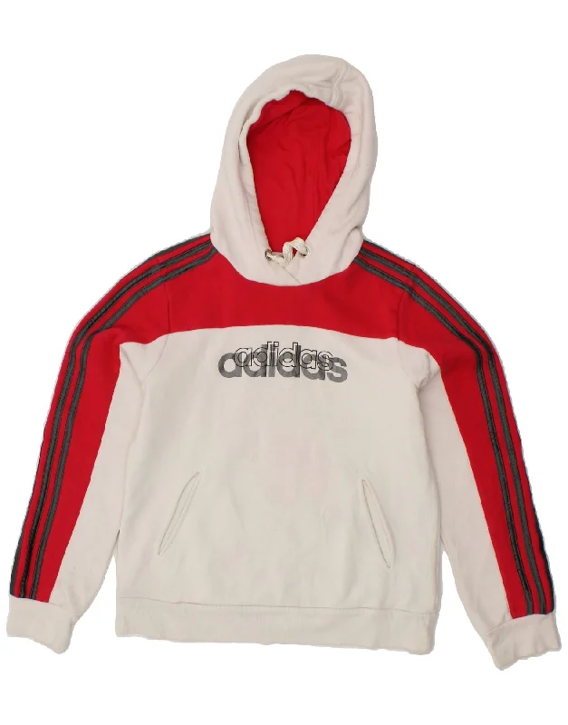 ADIDAS Womens Graphic Hoodie Jumper UK 16 Large  White Colourblock Cotton Hoodie with Side Slits Relaxed Casual