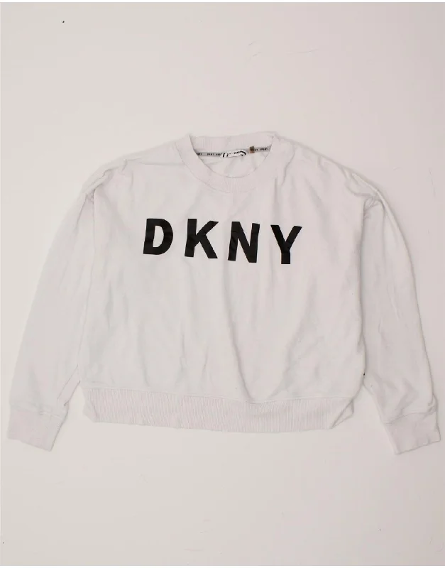 DKNY Womens Oversized Graphic Sweatshirt Jumper UK 14 Medium White Cotton Hoodie with Illustration Artistic Creative