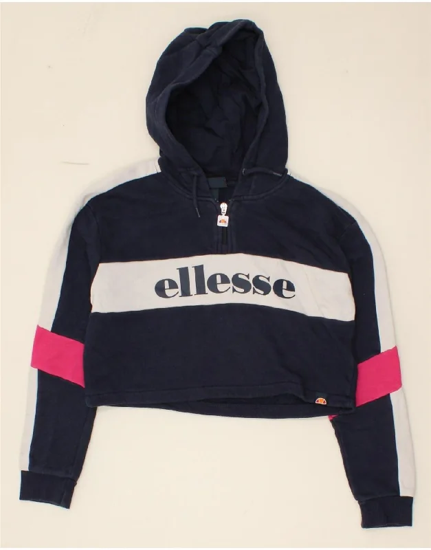 ELLESSE Girls Graphic Hoodie Jumper 10-11 Years Navy Blue Colourblock Hoodie with Rhinestones Sparkly Elegant