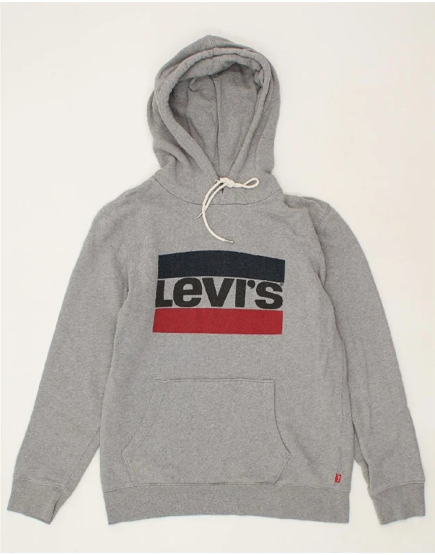 LEVI'S Mens Graphic Hoodie Jumper Small Grey Cotton Hoodie with Button Classic Timeless