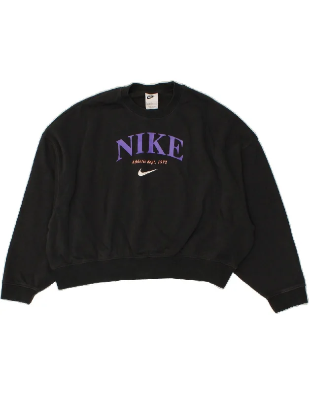 NIKE Girls Oversized Sweatshirt Jumper 12-13 Years Large Black Polyester Hoodie with Mesh Breathable Sporty