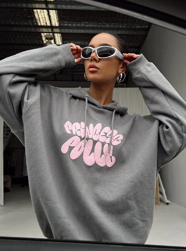 Princess Polly Hoodie Sweatshirt Bubble Text Charcoal / Light Pink Hoodie with Mesh Breathable Sporty