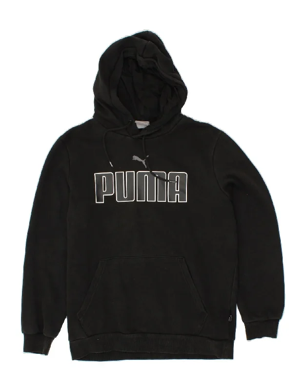 PUMA Mens Graphic Hoodie Jumper Small Black Cotton Hoodie with Hem Patch Decorative Personalized