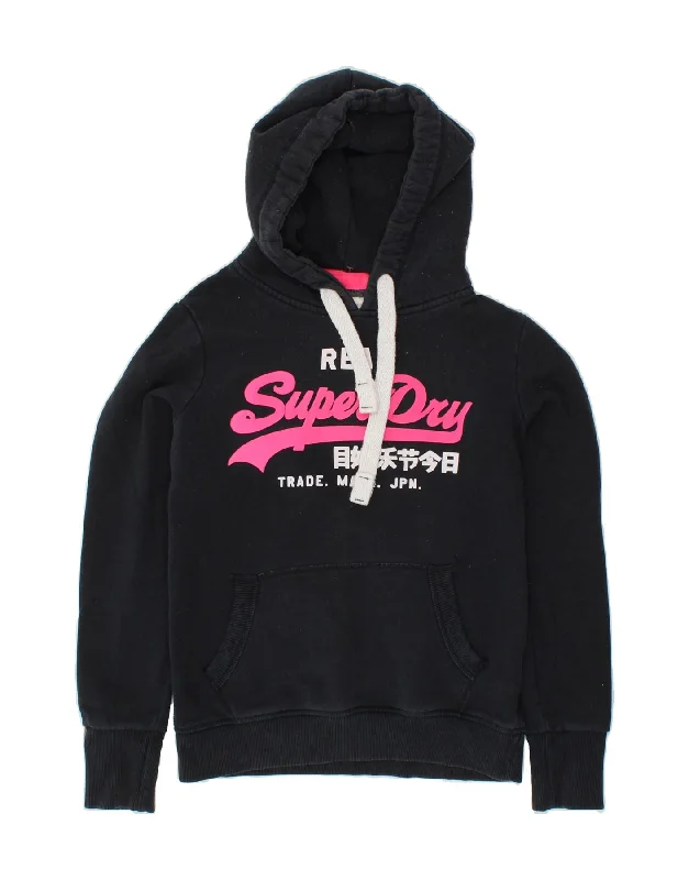 SUPERDRY Womens Premium Graphic Hoodie Jumper UK 10 Small Black Cotton Hoodie with Reflective Safety Nightwear