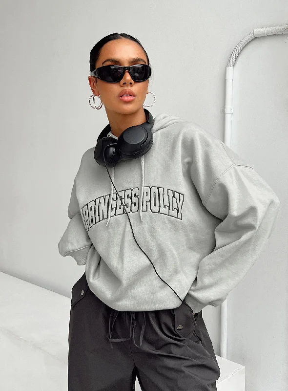 Princess Polly Hoodie Sweatshirt Collegiate Text Grey / Green Hoodie with Oversized Fit Loose Comfortable