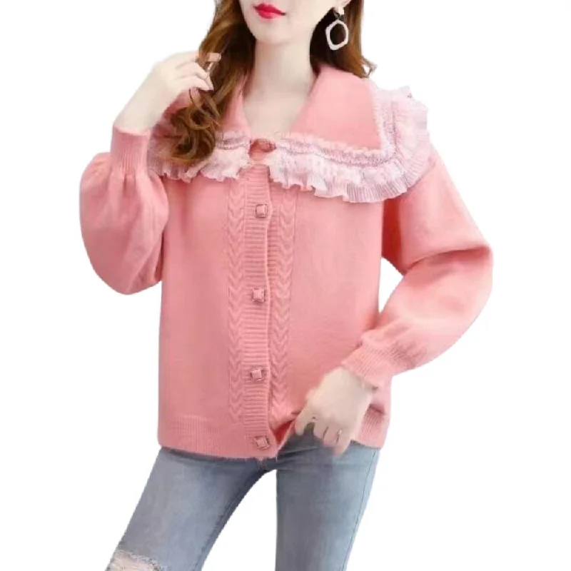 Big Lace Collar Cardigan Women's Cardigan Turn Down Collar Sweater Jacket Loose Elegant Ladies Cardigan Cute Frilly Kawaii Zippered Front Buttoned Front Snap Front