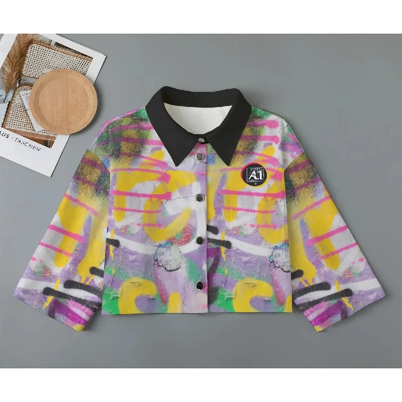 ClassA1 Graffiti Women's Cropped Jacket | 100% Cotton Stand-Up Collar Roll-Neck Collar Turtle Neck