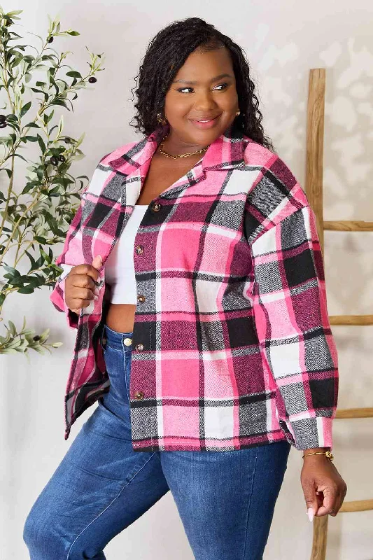 Double Take Plaid Button Up Collared Neck Jacket Hoodie Zip-Up Jacket Button-Up Jacket