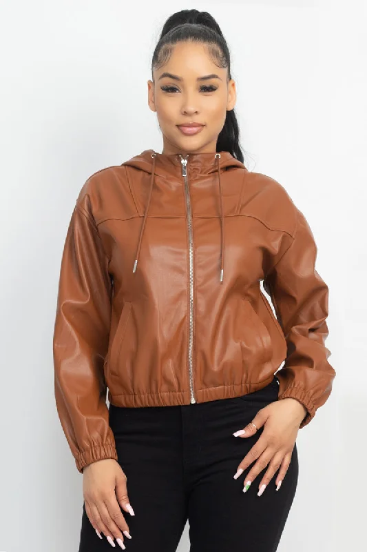 Faux Leather Hoodie Jacket - 2 colors Welt Pockets Slit Pockets Flap Pockets