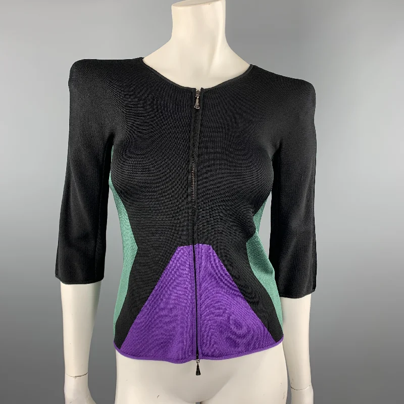 GIORGIO ARMANI Size 2 Black Green & Purple Color Block Shoulder Pad Jacket Zippered Jacket Buttoned Jacket Snapped Jacket