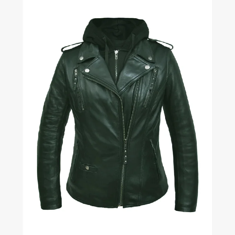 Ladies Lambskin Hoody Jacket Denim Fabric Leather Fabric Suede Fabric