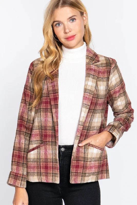 Notched Collar Plaid Jacket - 2 colors Print Jacket Jacquard Jacket Patchwork Jacket