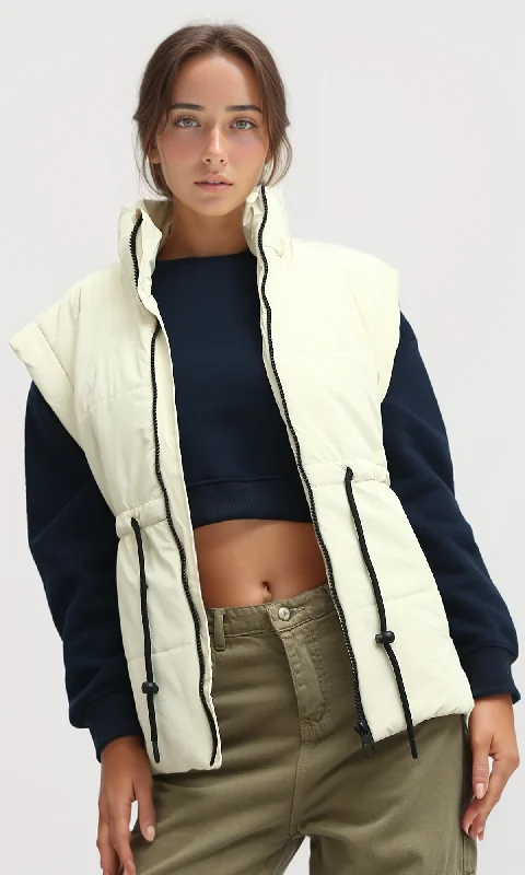 O192717 Sleeveless Bomber Jacket With Drawsting - Light Beige Insulated Jacket Fitted Jacket Loose Jacket