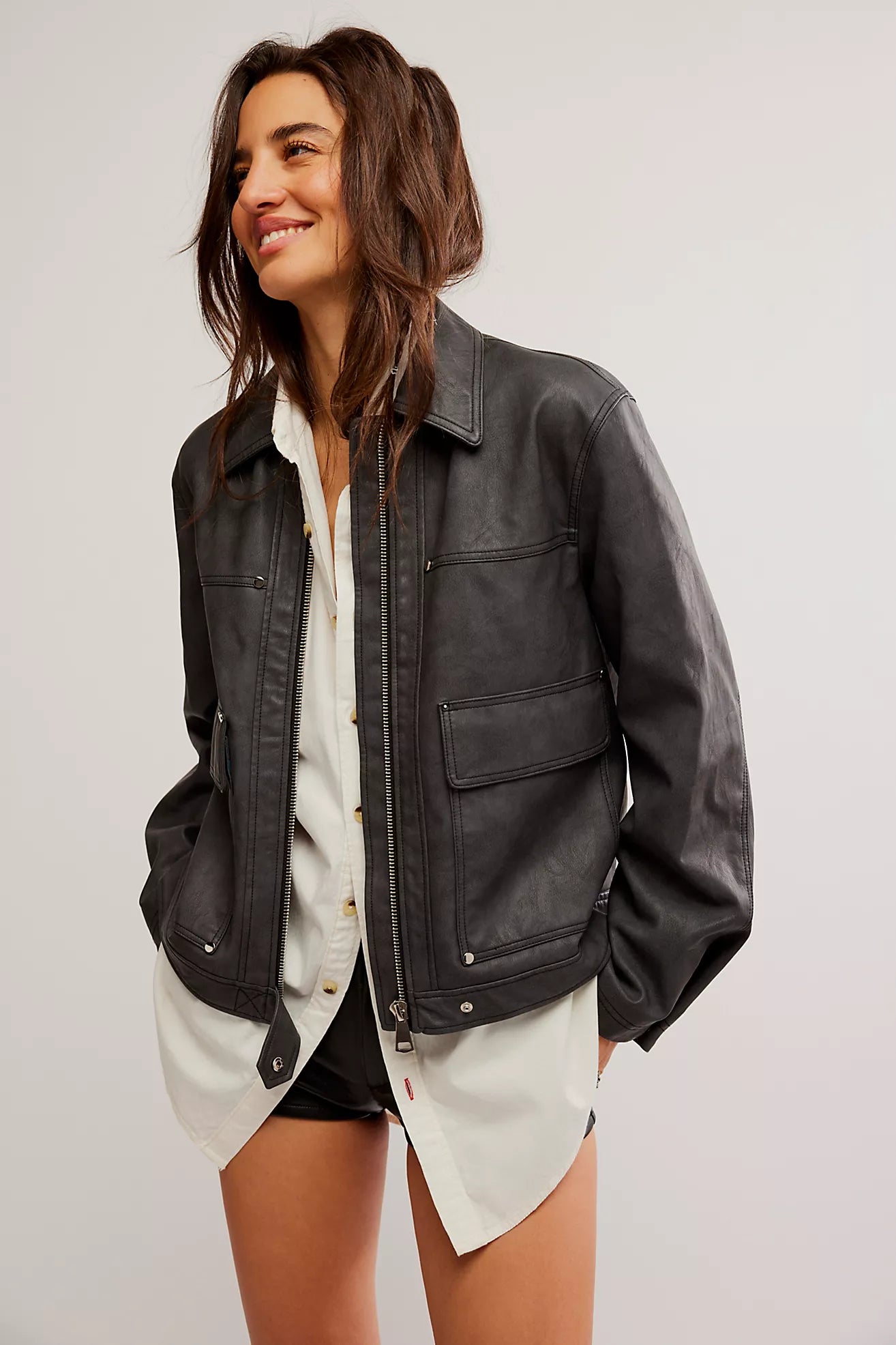 The Blair Vegan Leather Jacket by Free People - Charcoal A-Line Jacket Boat Neck Shawl Collar