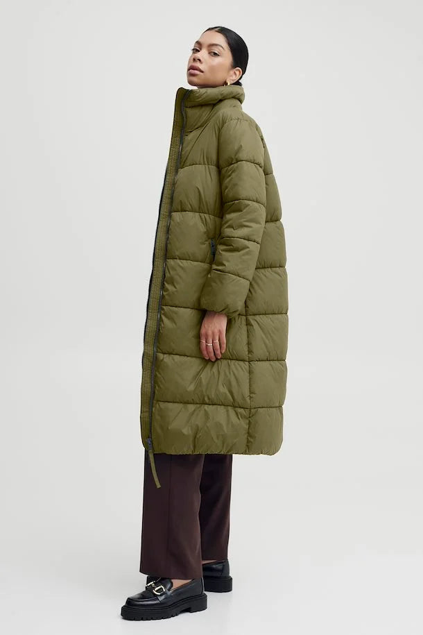 The Bomina Puffer Long Jacket - Olive Satin Fabric Silk Fabric Chiffon Fabric