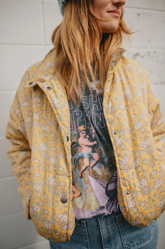 The Ditsy Puffy Jacket - Mustard Floral Fleece Jacket Down Jacket Parka