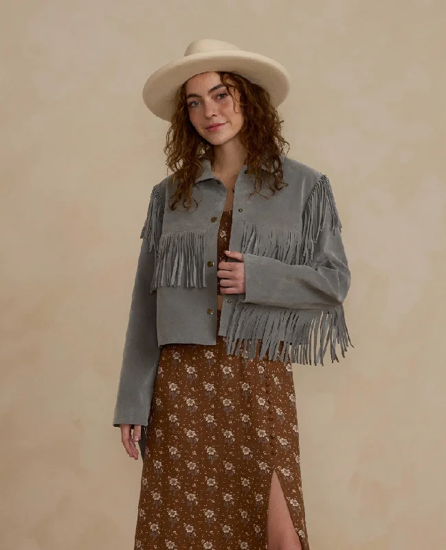 The Fringe Jacket by Rylee + Cru - Dusty Blue Welt Pockets Slit Pockets Flap Pockets