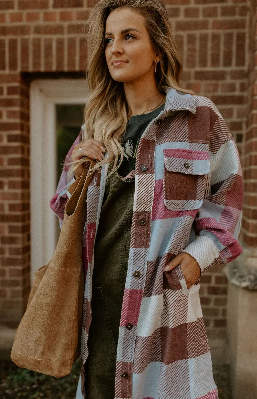 The Plaid Long Ruby Jacket by Free People - Wine Combo Wool Jacket Cashmere Jacket Tweed Jacket