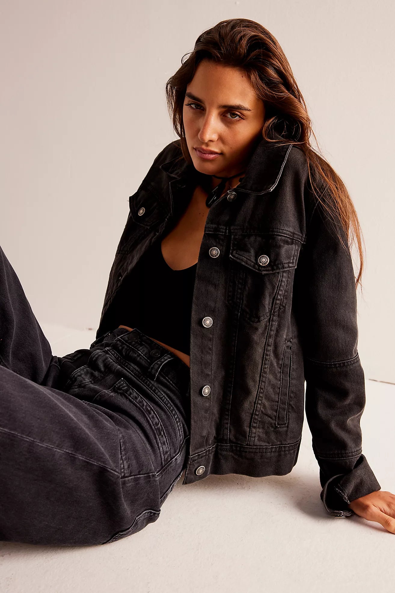 The Rumors Denim Jacket by Free People - Black Front Pockets Side Pockets Patch Pockets