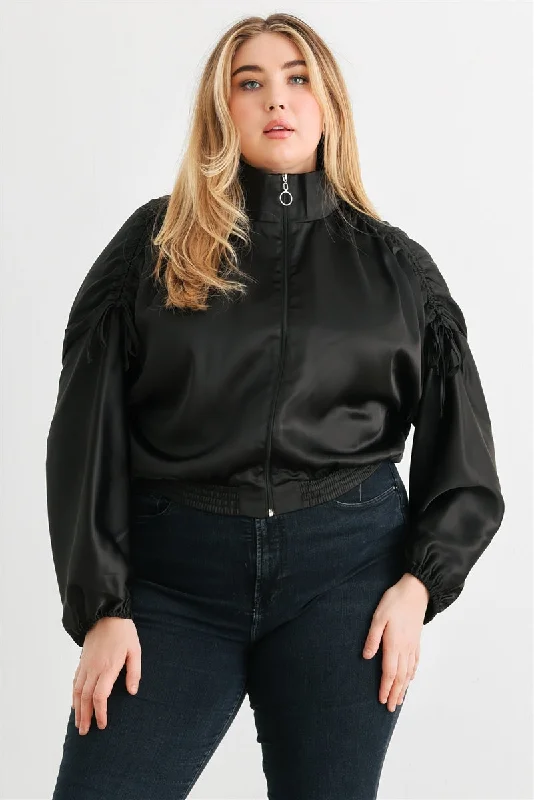 Voluptuous (+) Plus Satin Zip-up Ruched Long Sleeve Cropped Bomber Jacket - 4 colors Front Pockets Side Pockets Patch Pockets