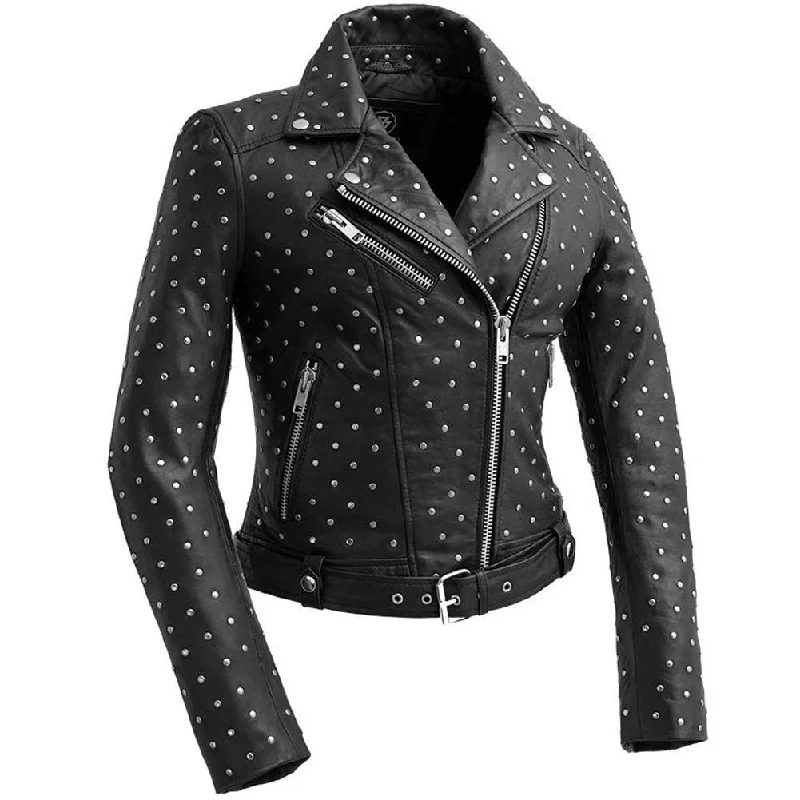 Whet Blu Womens Claudia Studded Leather Biker Jacket Print Jacket Jacquard Jacket Embroidered Jacket