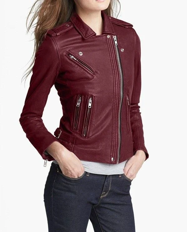 Women’s Burgundy Leather Motorcycle Jacket WJ024 Faux Fur Fabric Real Fur Fabric Shearling Fabric