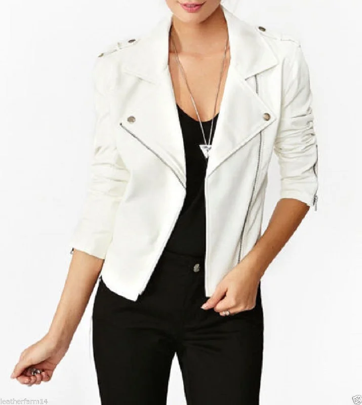 Women’s White Genuine Leather Motorcycle Jacket WJ025 Wool Fabric Cashmere Fabric Tweed Fabric